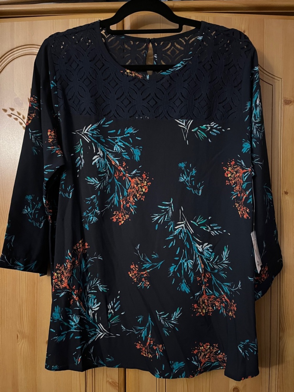 Van Heusen Black Floral Blouse with Teal & Rust Accents